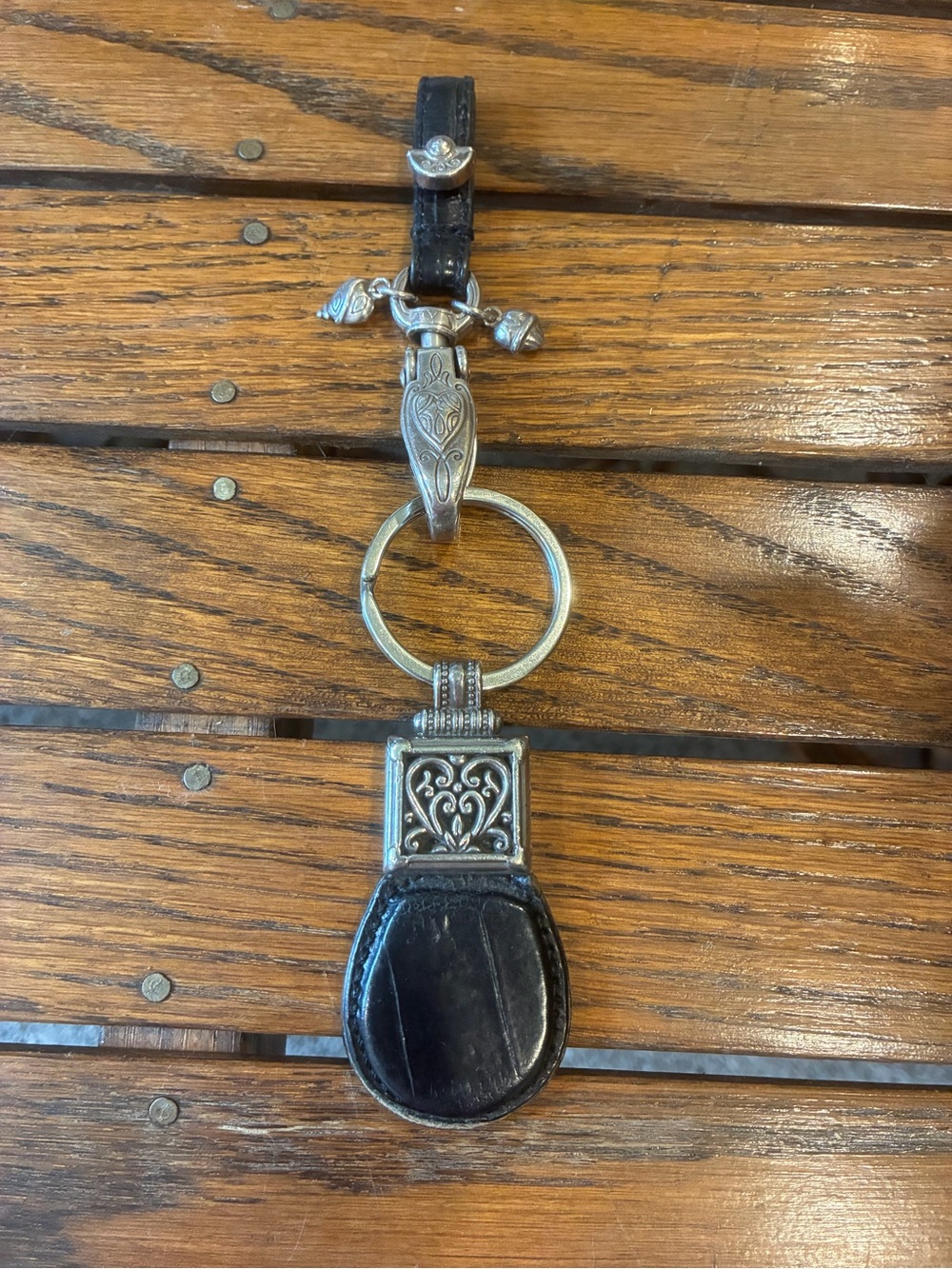 Ornate Brighton Silver & Black Leather Key Fob